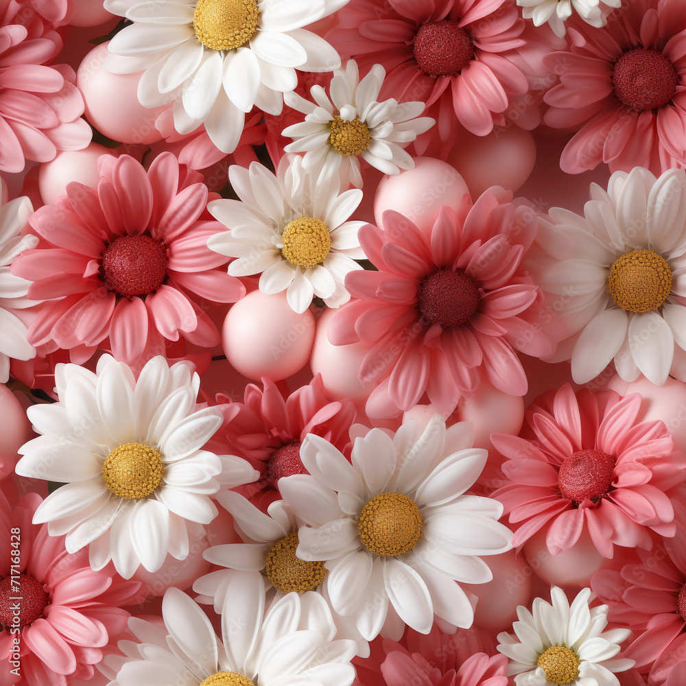 Hyper Realistic Daisies Mixed with Pink Balloons Seamless Pattern Hyper Realistic Daisies Mixed with Pink Balloons Seamless Pattern