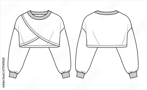 Vector oversize woman sweatshirt fashion CAD, long sleeved crop bolero technical drawing, template, sketch, flat. Fleece or woven fabric wrap sweatshirt with front, back view, white color
