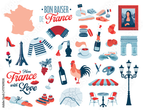 From France with Love. Collection of vector illustrations on a white background. French symbols of food, culture, art, fashion.