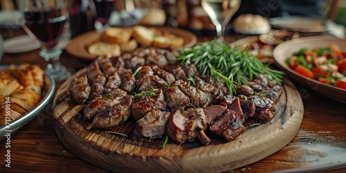 Kukurec Brilliance: Balkan Culinary Delight. Dive into the Symphony of Grilled Offal Goodness. Picture the Culinary Brilliance in a Rustic Setting with Soft Lighting © SurfacePatterns