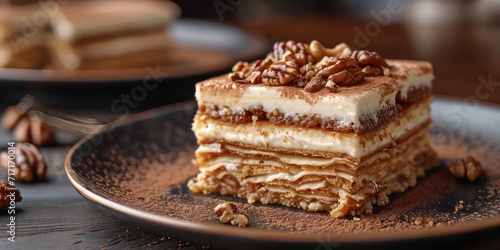 Gomleze Elegance: Bulgarian Culinary Tradition. Immerse in the Symphony of Layered Pastry and Walnut Filling. Picture the Culinary Tradition in a Cozy Setting with Soft Lighting