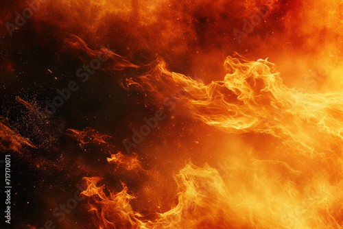 Fire in the night sky. Explosion. Black red orange yellow sky. Blaze, flame. Background with space for design. Wide. Panoramic. Website header