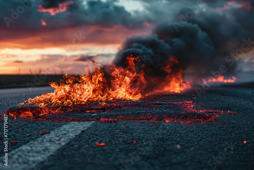 Red beautiful fire on the asphalt with black and orange smoke rising to the sky
