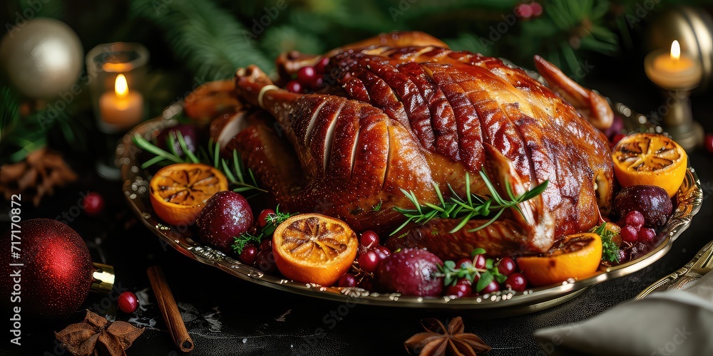 Juleand Elegance: Danish Christmas Duck Tradition. Dive into the Symphony of Roasted Duck and Festive Flavors. Picture the Culinary Tradition in a Festive Setting with Soft Lighting