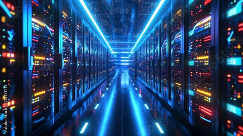 3D illustration banner of server room in data center full of telecommunication equipment, concept of big data storage and cloud hosting technology photo