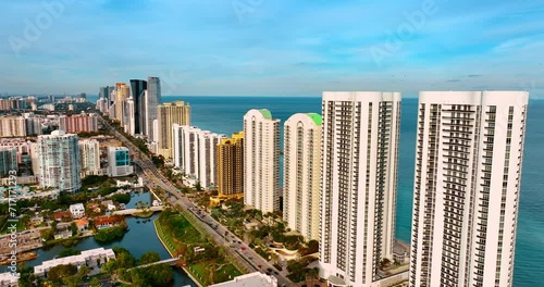 Fascinating view of Miami, Florida, USA at daytime. Drone flying above the scenery of the city with gorgeous architecture. photo