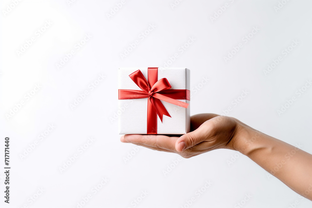 Hand presenting a white gift box with red ribbon on a clean background Hand presenting a white gift box with red ribbon on a clean background