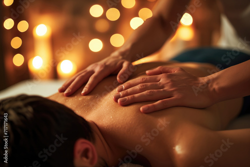 Handsome man having restorative back massage in spa salon, enjoying relaxing atmosphere, recharging after work.