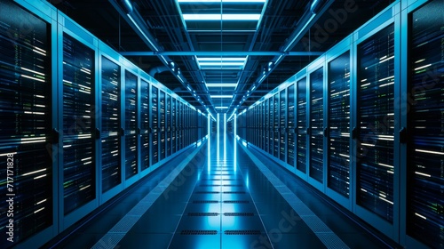 Abstract of modern high tech internet data center room with rows of racks with network and server hardware