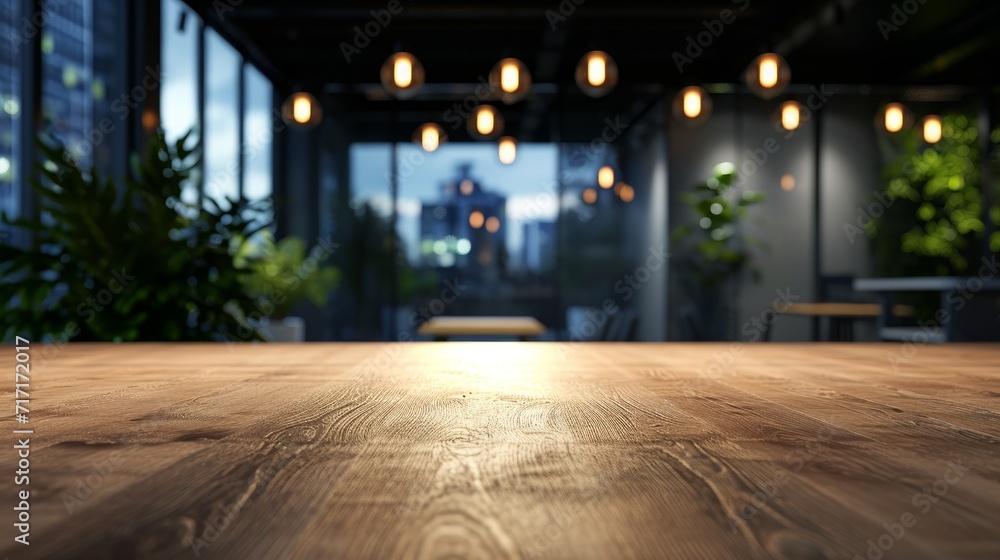 Close-up image of a copy space for montage your product display on a wooden tabletop in a modern dark office room at night. 3d render, 3d illustration