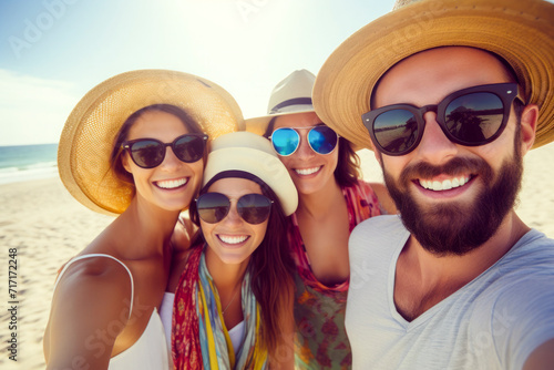 group of friends smiling and taking selfie at the beach on summer vacation