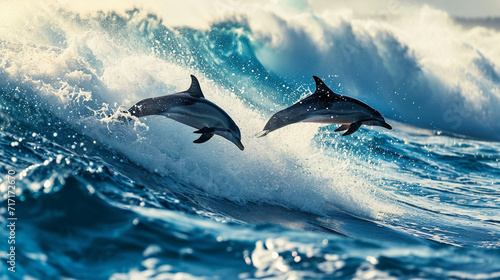 Group of dolphins jumping on the water - Beautiful seascape and blue sky © Артур Комис
