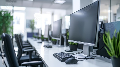 Empty customer service workstation to help telemarketing clients, modern call center technology for sales assistance and support. No people in office with monitors and headphones