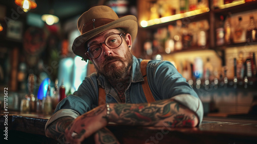 a man in a tattoo relaxes in a bar photo