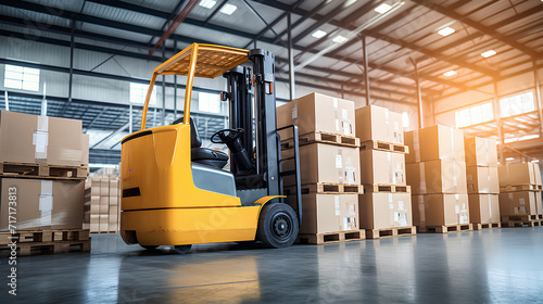 Forklift in the big warehouse. Concept of warehouse.Warehouse concept. Forklift in a large warehouse on a blurred background. © Tanuha
