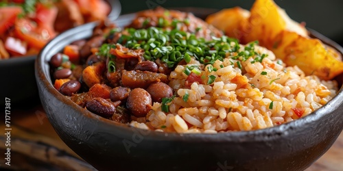 Diri ak Pwa Elegance: Haitian Rice and Beans Bliss. Immerse in the Symphony of Fluffy Rice and Savory Beans. Picture the Culinary Bliss in a Traditional Haitian Setting with Soft Lighting photo