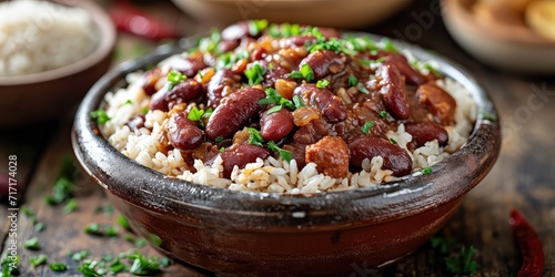 Red Beans and Rice Bliss: Culinary Comfort Unveiled. Immerse in the Symphony of Tender Beans and Seasoned Rice. Picture the Culinary Comfort in a Cozy Kitchen with Soft Lighting