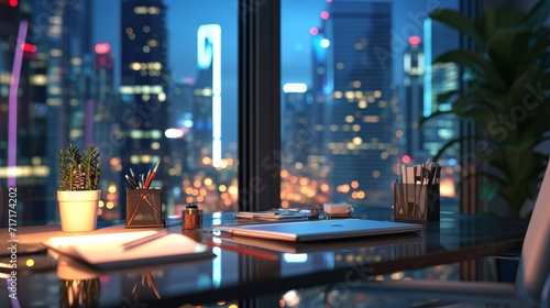 Modern office workstation with supplies and copy space on stylish table over blurred skyscraper night lights view in the background. 3d rendering, 3d illustration