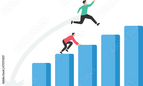 Competitive advantage or innovation to outsmart and overtake business winning, strategy or smart way to win business or career growth concept, businessman jumping springboard to outsmart competitor.
