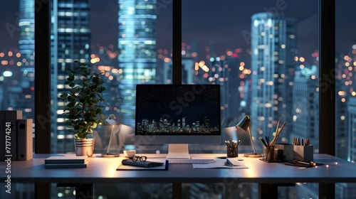 Modern office workstation with supplies and copy space on stylish table over blurred skyscraper night lights view in the background. 3d rendering, 3d illustration