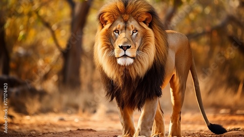 Majestic lion stands tall in africas serene savannah, radiating the essence of untamed wilderness photo