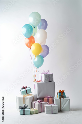A collection of colorful balloons tied to a stack of various gift packages.