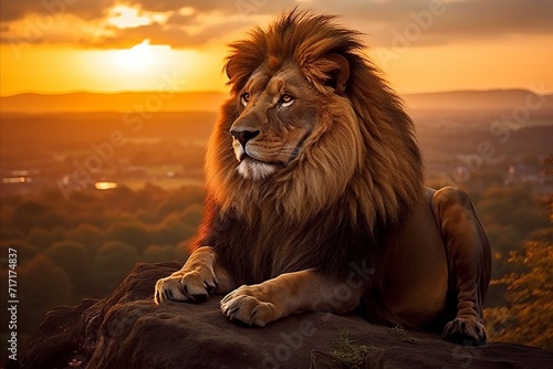 Majestic lion pride resting in african savannah at sunset  wildlife in natural habitat
