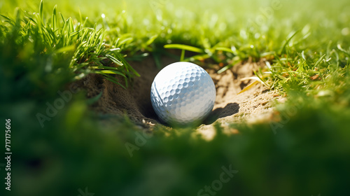 Gros plan sur une balle de golf dans un trou sur un terrain.  photo