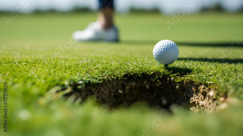 Une balle de golf en gros plan sur un terrain avec un joueur en arrière-plan. photo