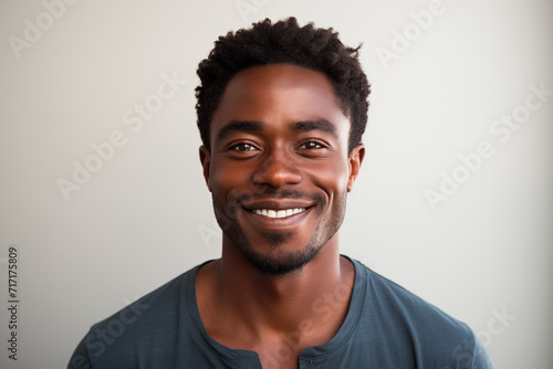 Portrait of a 30 year old African American man in casual dress smiling and looking at the camera. Isolated, white background. Generative AI © Lucas