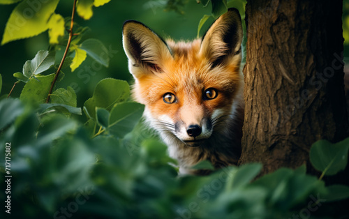 curious fox peeking out from behind a tree, AI Generative.