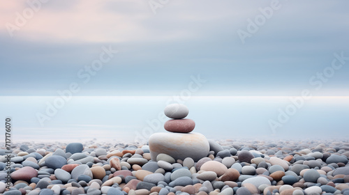 Beautiful serene beach with smooth pebbles and a stone stack. Pebble cairn. Calm misty ocean fading into the distance. Beautiful  quiet seascape at sunrise. Peaceful meditative mood.