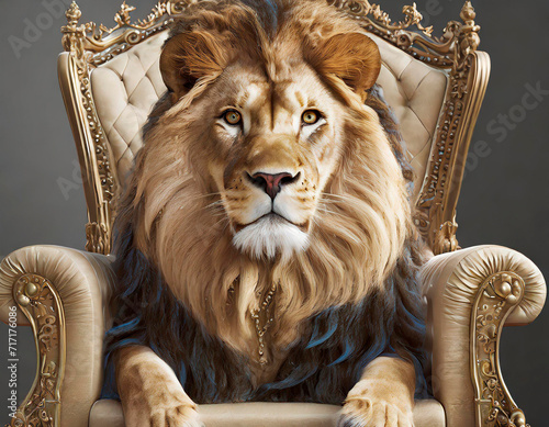 Majestic Lion sitting on a golden Grand Edwardian Chair  close up of the animal while looking at the camera on a royal chair. Wild animals immersed in luxury...