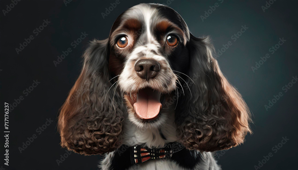Portrait of a English Cocker Spaniel. Close up of the animal while looking at the camera on a royal chair on black background. Studio Shot.. Portrait of a English Cocker Spaniel. Close up of the animal while looking at the camera on a royal chair on black background. Studio Shot..