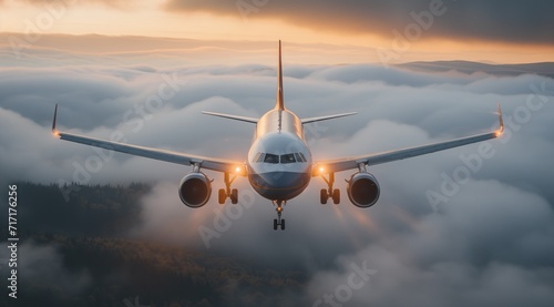 a large airplane flying through clouds at sunset, in the style of soft mist
