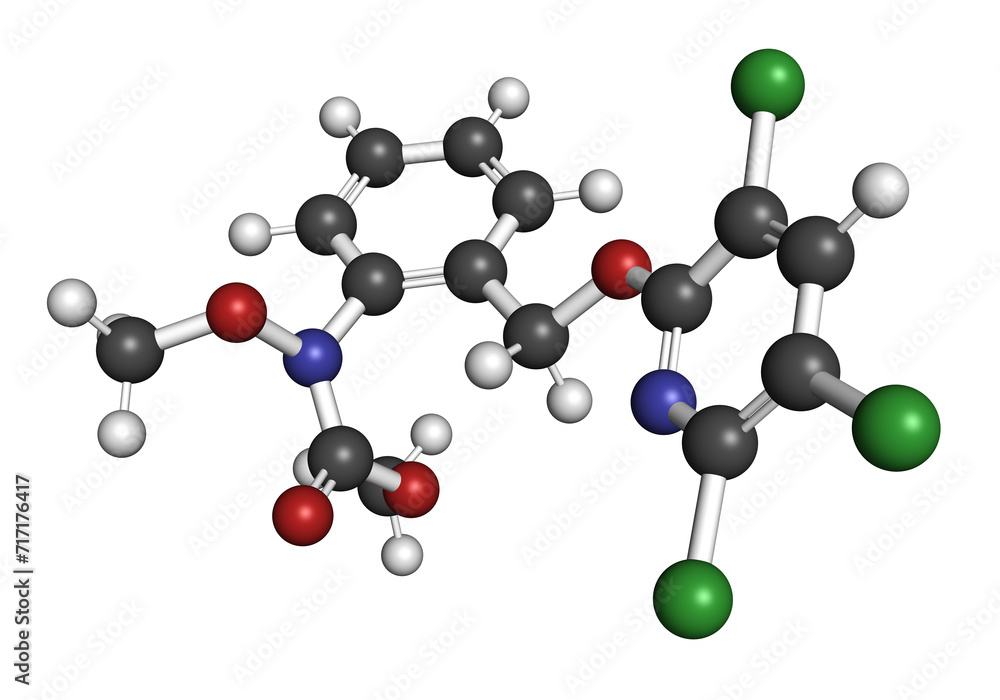 Triclopyricarb fungicide molecule. 3D rendering. Triclopyricarb fungicide molecule. 3D rendering.