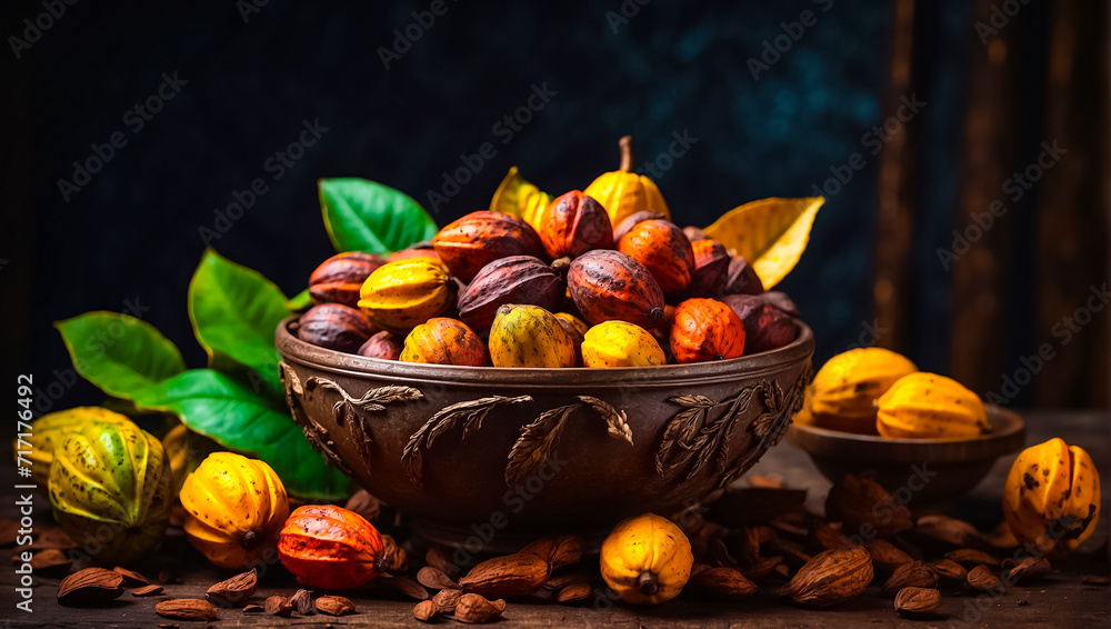 Ripe cocoa fruits in the kitchen Ripe cocoa fruits in the kitchen