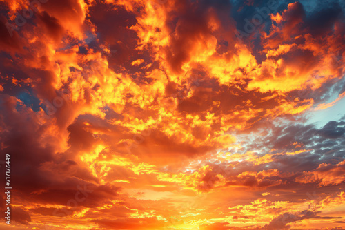 Fiery orange sunset. Fantastic dramatic sky background. Science fiction, fantasy, astrology, magic concept. Wide banner. Panorama