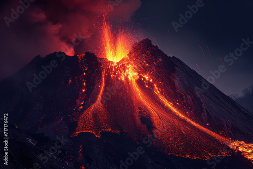 An erupting mountain at night, spewing lava and ash. The explosion lights the dark sky with fiery red, reflecting nature s extreme power. A dangerous yet captivating view of volcanic destruction