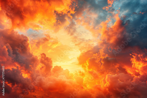 Fiery orange sunset. Fantastic dramatic sky background. Science fiction, fantasy, astrology, magic concept. Wide banner. Panorama