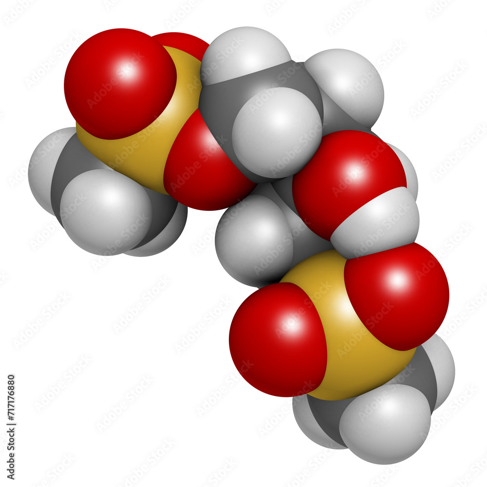 Treosulfan drug molecule. 3D rendering. Treosulfan drug molecule. 3D rendering.