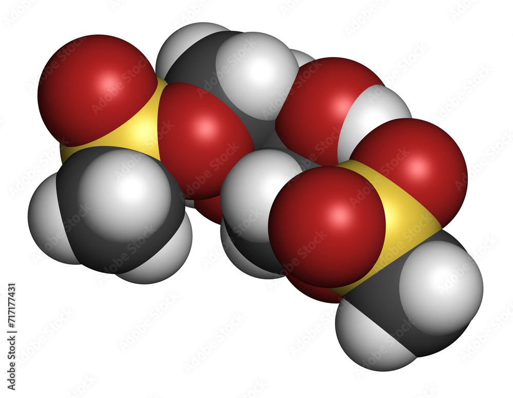 Treosulfan drug molecule. 3D rendering. Treosulfan drug molecule. 3D rendering.