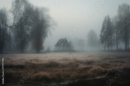 A foggy field with a house and trees. Generative AI photo