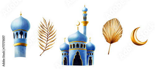 Watercolor set of Islamic mosque and minaret, golden pampas grass, date palm branch, gold moon and star illustrations isolated on white background. wedding and Ramadan Kareem or Eid Al Adha 2024 