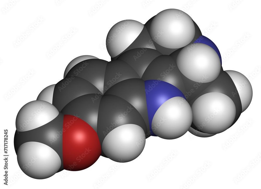 Tetrahydroharmine indole alkaloid molecule. 3D rendering. Tetrahydroharmine indole alkaloid molecule. 3D rendering.