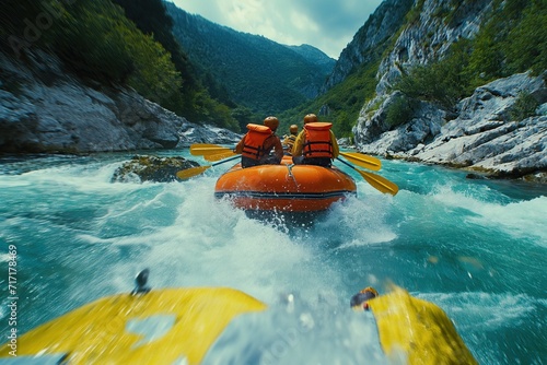 Rafting thrill! Adventurous souls navigate wild rivers in rubber boats. 'generative AI'  © ballabeyla