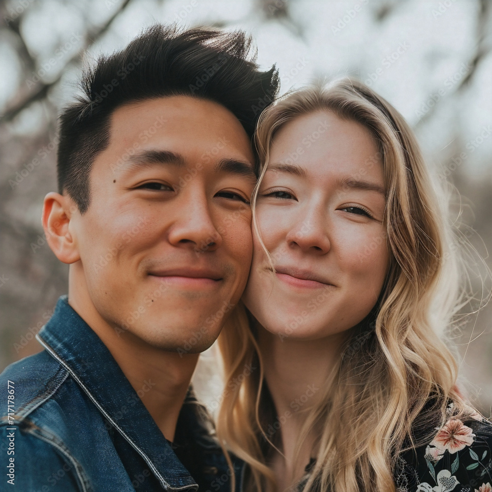 Selfie portrait of a happy mixed/interracial Asian male and white female couple holding and embracing each others presences. Dating outdoors. Generative AI Selfie portrait of a happy mixed/interracial Asian male and white female couple holding and embracing each others presences. Dating outdoors. Generative AI