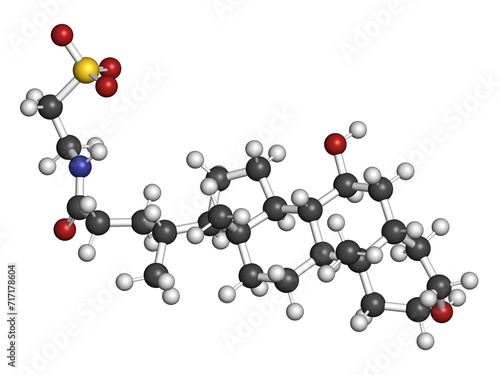 Taurursodiol drug molecule. Also known as ursodoxicoltaurine and tauroursodeoxycholic acid or TUDCA. 3D rendering.