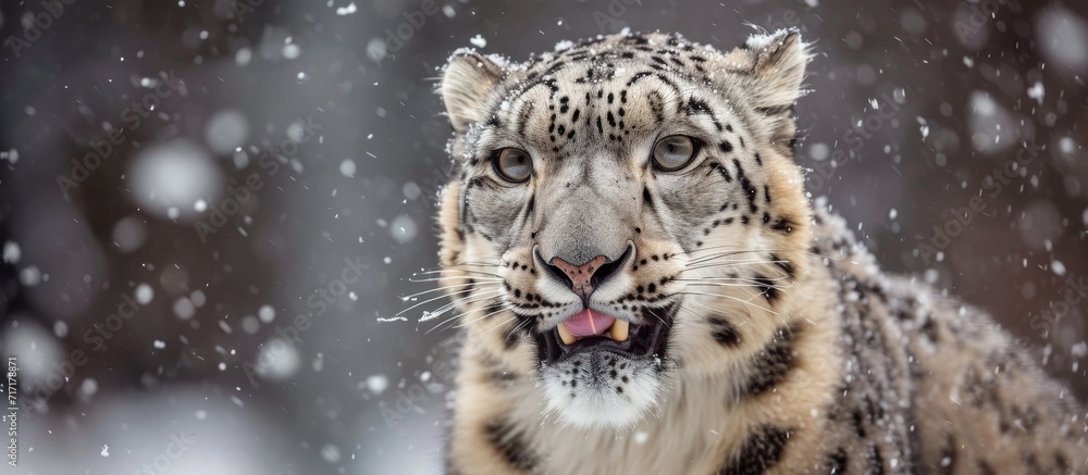 Obraz premium Snow storm snow leopard licking teeth in frontal portrait.