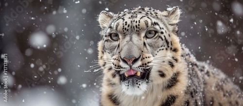 Snow storm snow leopard licking teeth in frontal portrait. © 2rogan
